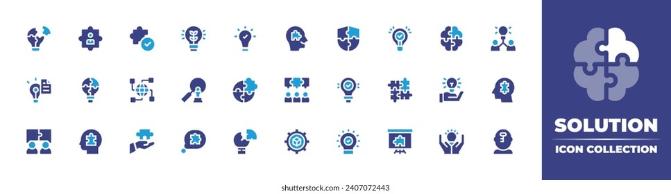 Colección de iconos de la solución. Color de duotona. Ilustración vectorial y transparente. Conteniendo bulbo, solución, idea, rompecabezas, desarrollo de habilidades, invención, trabajo en equipo, problema, innovación, empleado, lluvia de ideas