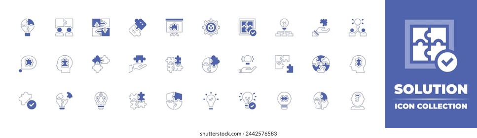 Solution icon collection. Duotone style line stroke and bold. Vector illustration. Containing bulb, solution, skill development, puzzle, innovation, idea, light bulb, teamwork, brainstorming.