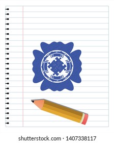 solution icon emblem draw with pen effect. Blue ink. Vector Illustration. Detailed.
