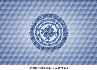 solution icon inside blue badge with geometric background.