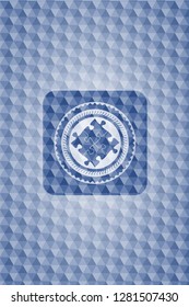 solution icon inside blue emblem with geometric pattern.