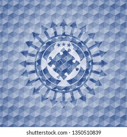 solution icon inside blue polygonal emblem.