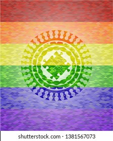 solution icon inside emblem on mosaic background with the colors of the LGBT flag