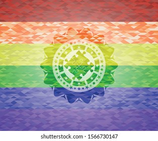 solution icon inside emblem on mosaic background with the colors of the LGBT flag