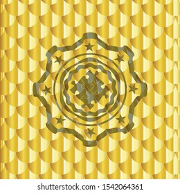 solution icon inside gold emblem or badge. Scales pattern. Vector Illustration. Detailed.
