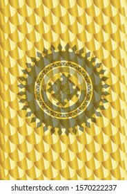 solution icon inside gold shiny badge. Scales pattern. Vector Illustration. Detailed.