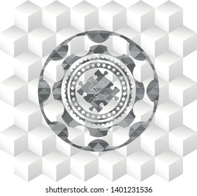 solution icon inside grey badge with geometric cube white background