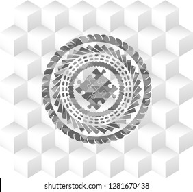 solution icon inside grey emblem. Retro with geometric cube white background