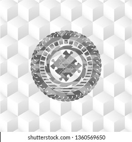 solution icon inside grey emblem with geometric cube white background