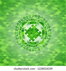 solution icon inside realistic green emblem. Mosaic background