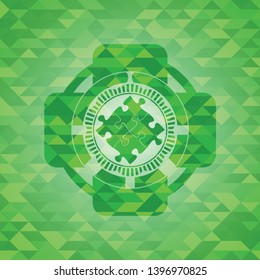solution icon inside realistic green emblem. Mosaic background