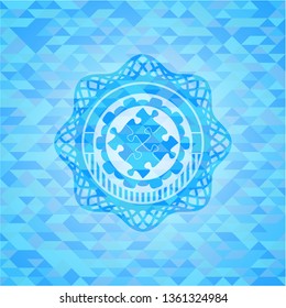 solution icon inside realistic sky blue emblem. Mosaic background
