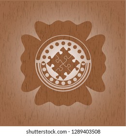 solution icon inside realistic wooden emblem