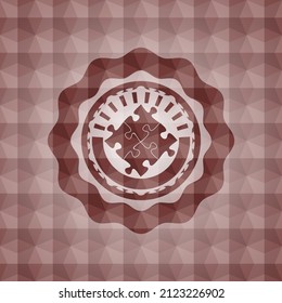 solution icon inside red polygonal badge. Seamless. 