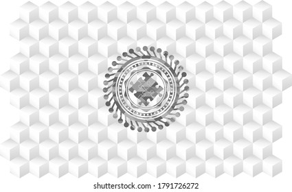 solution icon inside retro style grey emblem with geometric cube white background. 