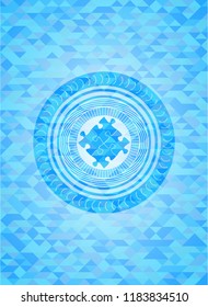 solution icon inside sky blue emblem with triangle mosaic background