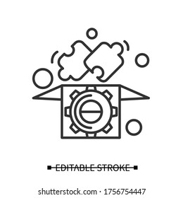 Solution icon. Jigsaw puzzle fit into box with gear linear picogram. Problem solving and creative solution production concept. Editable stroke vector illustration for web and business presentation.