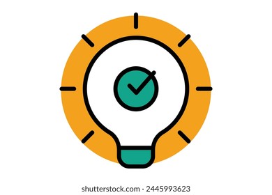 solution icon. light bulb with check mark in circle. icon related to action plan, business. flat line icon style. business element illustration