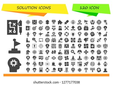  solution icon set. 120 filled solution icons. Simple modern icons about  - Strategy, Brain, Goal, Target, Psychology, Puzzle, Lights, Lamp, Mind control, Light, Dart, Idea, Match