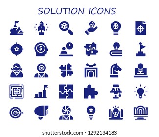  solution icon set. 30 filled solution icons. Simple modern icons about  - Goal, Startup, Virus search, Idea, Printing test, Target, Employee, Puzzle, Mind control, Solution, Trick