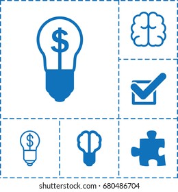 Solution icon. set of 6 solution filled and outline icons such as tick, bulb with dollar, brain bulb, puzzle
