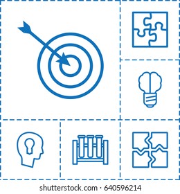 Solution icon. set of 6 solution outline icons such as target, puzzle, keyhole in head, test tube