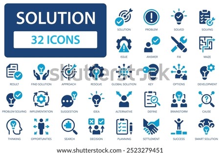 Solution icon set. Alternative, problem, resolve, define, answer, issue, goal, success.