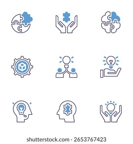 Ícone de solução definido. Estilo de linha em negrito. Cores duotônicas. AVC editável. ideia, quebra-cabeça, desenvolvimento de habilidades, brainstorming, solução, soluções.