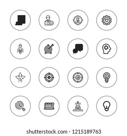 Solution icon set. collection of 16 outline solution icons with brain, bulb, choices, favorite, employee, goal, idea, piece, startup icons.