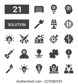 solution icon set. Collection of 21 filled solution icons included Idea, Match, Puzzle, Employee, Dart, Brain, Goal, Manipulator, Darts, Creativity, Target, Lamp, Bulb