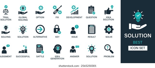 Solution icon set collection. Global solving, option, fix, development, question, idea solution, alternative, key, issue and best solid icon set.