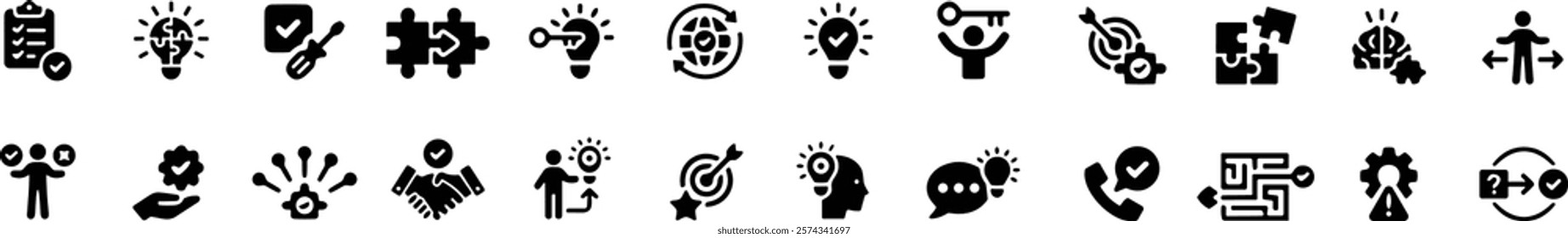 Solution icon set. Containing problem-solving, alternative, resolve, answer, maze, issue and success icons.