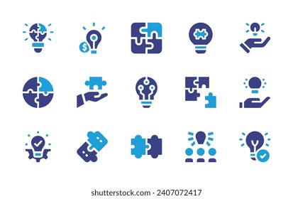 Solution icon set. Duotone color. Vector illustration. Containing solution, puzzle, bulb, integration, innovation, idea, idea bulb, problem solving, piece.
