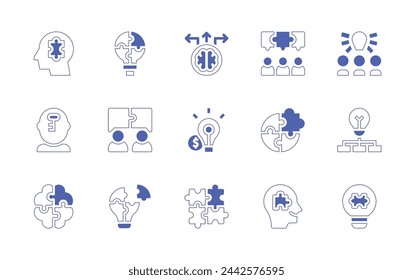 Solution icon set. Duotone style line stroke and bold. Vector illustration. Containing solution, puzzle, skill development, teamwork, idea bulb.