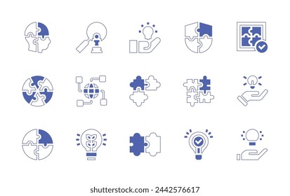 Solution icon set. Duotone style line stroke and bold. Vector illustration. Containing bulb, puzzle, solution, integration, idea, innovation, strategic.