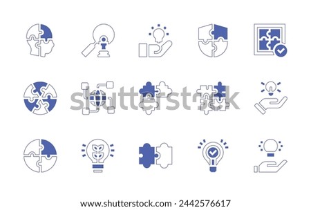 Solution icon set. Duotone style line stroke and bold. Vector illustration. Containing bulb, puzzle, solution, integration, idea, innovation, strategic.