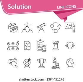 Solution icon set. Line icons collection on white background. Game, decision, strategy. Can be used for topics like logic, puzzle, thinking