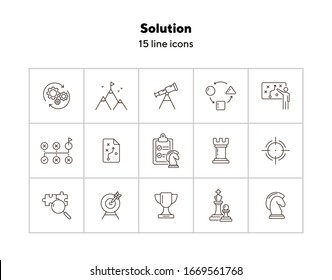 Symbol für die Lösung festgelegt. Kollektion von Symbolen für Linien auf weißem Hintergrund. Spiel, Entscheidung, Strategie. Kann für Themen wie Logik, Rätsel, Denken verwendet werden