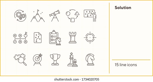 Solution icon set. Line icons collection on white background. Game, decision, strategy. Can be used for topics like logic, puzzle, thinking