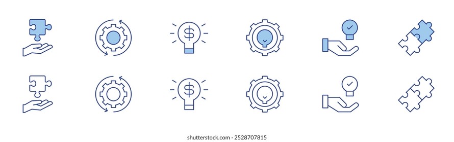 Ícone de solução definido em dois estilos, Duotônico e Linha fina. AVC editável. resolução de problemas, configurações, solução, soluções, ideia, quebra- cabeça. Name