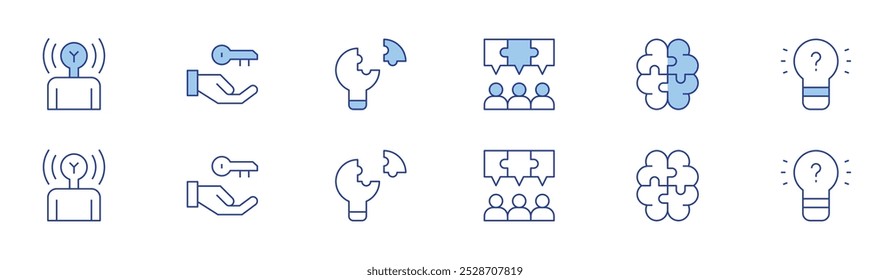 Solution icon set in two styles, Duotone and Thin Line style. Editable stroke. brand awareness, problem solving, solution, creativity, no idea.