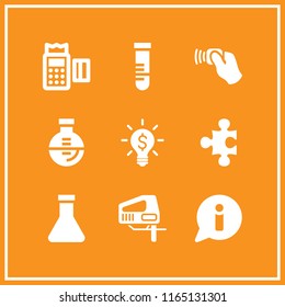 solution icon. This set with puzzle piece black shape, money idea symbol of a lightbulb on, flask and jigsaw vector icons for mobile and web