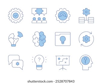 Ícones de solução. Linha Duotone estilo, traço editável. solução, estratégia, criação, criatividade, navegador, comunicação, nenhuma ideia, integração de dados, soluções.