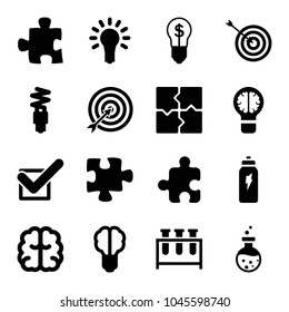 Solution icons. set of 16 editable filled solution icons such as target, brain, puzzle, brain bulb, tick, light bulb, fluorescent lamp, energetic drink, bulb with dollar