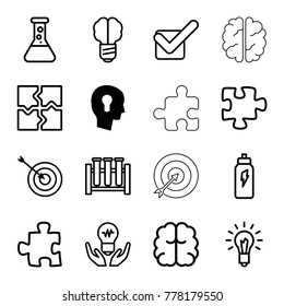 Solution icons. set of 16 editable outline solution icons such as keyhole in head, target, brain, puzzle, test tube, brain bulb, bulb in hand, tick, light bulb