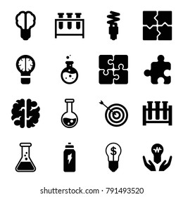 Solution icons. set of 16 editable filled solution icons such as target, puzzle, test tube, brain bulb, bulb in hand, fluorescent lamp, energetic drink, bulb with dollar
