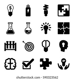 solution icons set. Set of 16 solution filled icons such as target, brain, puzzle, tick, light bulb, fluorescent lamp, energetic drink, keyhole in head, bulb in hand