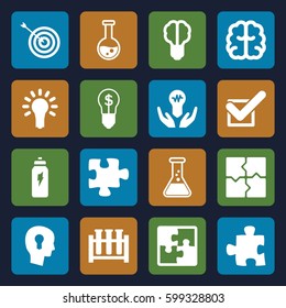 solution icons set. Set of 16 solution filled icons such as target, brain, puzzle, tick, light bulb, energetic drink, keyhole in head, bulb in hand