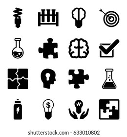 Solution icons set. set of 16 solution filled icons such as target, brain, puzzle, tick, fluorescent lamp, energetic drink, keyhole in head, bulb in hand, bulb with dollar