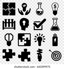 Solution icons set. set of 16 solution filled icons such as target, puzzle, tick, light bulb, fluorescent lamp, energetic drink, keyhole in head, bulb in hand